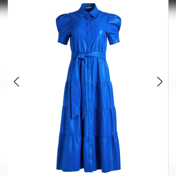 ALICE & OLIVIA MIRANDA blue Saphire Leather Tiered Midi Dress Belted Boho Spell - Picture 1 of 16